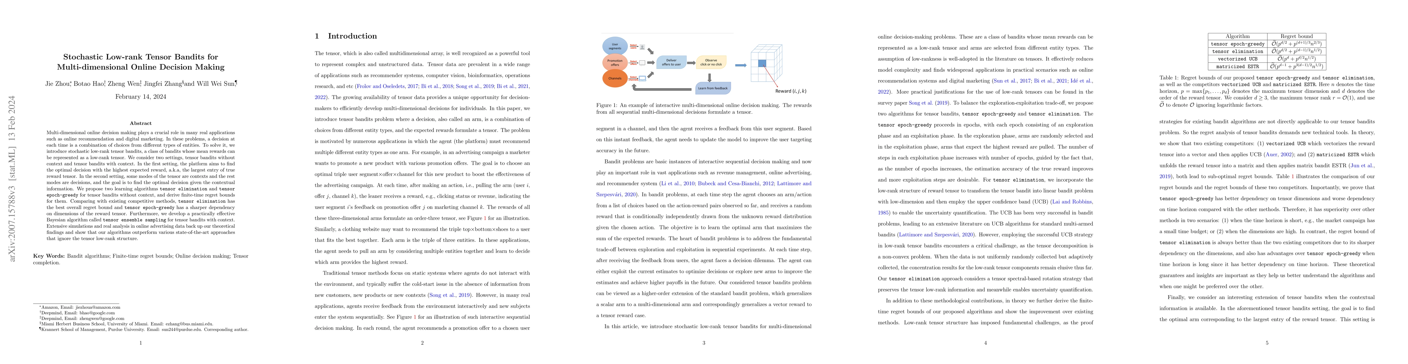 Thumbnail for Stochastic Low-rank Tensor Bandits for Multi-dimensional Online Decision
  Making