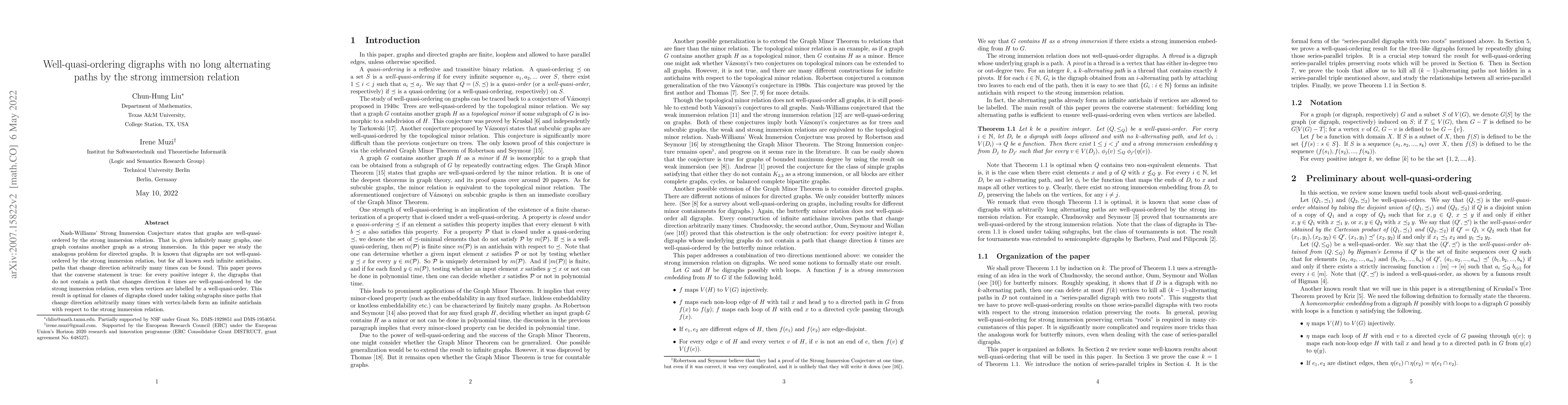 Thumbnail for Well-quasi-ordering digraphs with no long alternating paths by the
  strong immersion relation