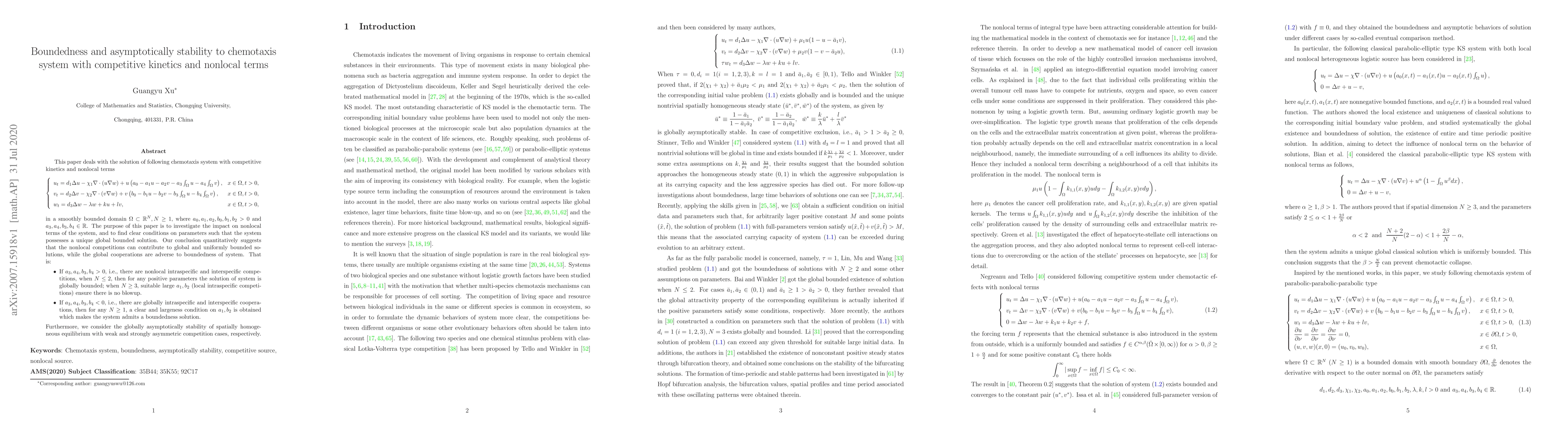 Thumbnail for Boundedness and asymptotically stability to chemotaxis system with
  competitive kinetics and nonlocal terms
