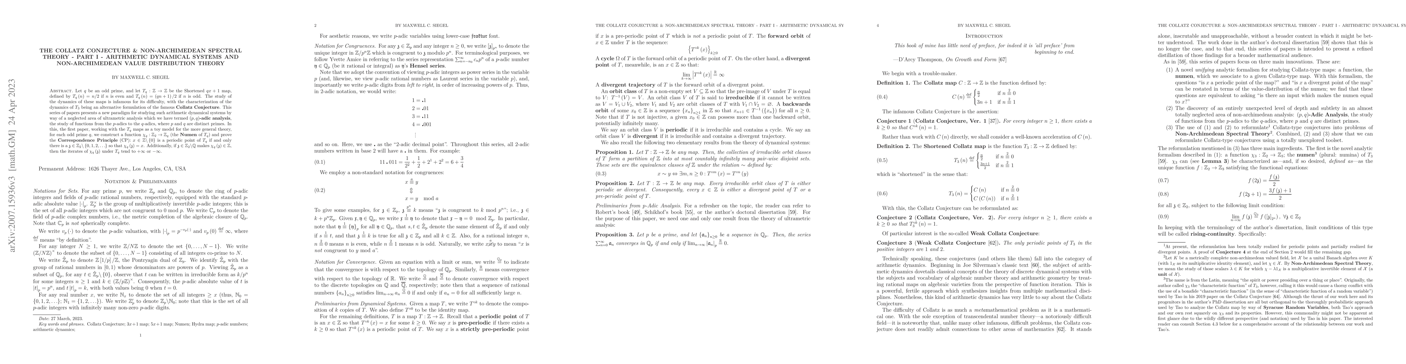 Thumbnail for The Collatz Conjecture & Non-Archimedean Spectral Theory: Part I --
  Arithmetic Dynamical Systems and Non-Archimedean Value Distribution Theory