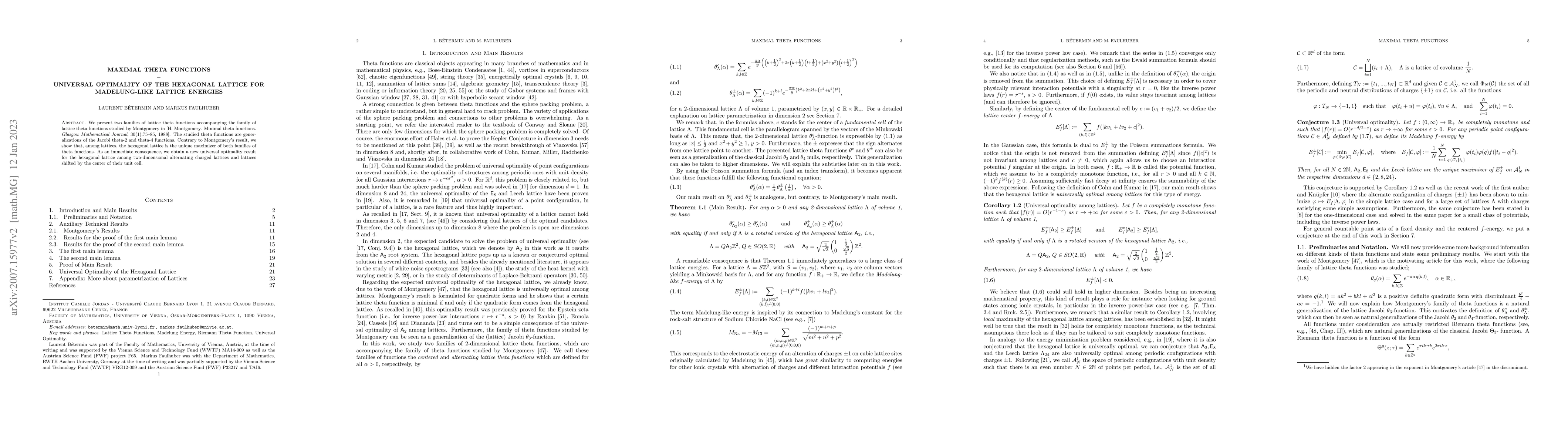 Thumbnail for Maximal Theta Functions -- Universal Optimality of the Hexagonal Lattice
  for Madelung-Like Lattice Energies