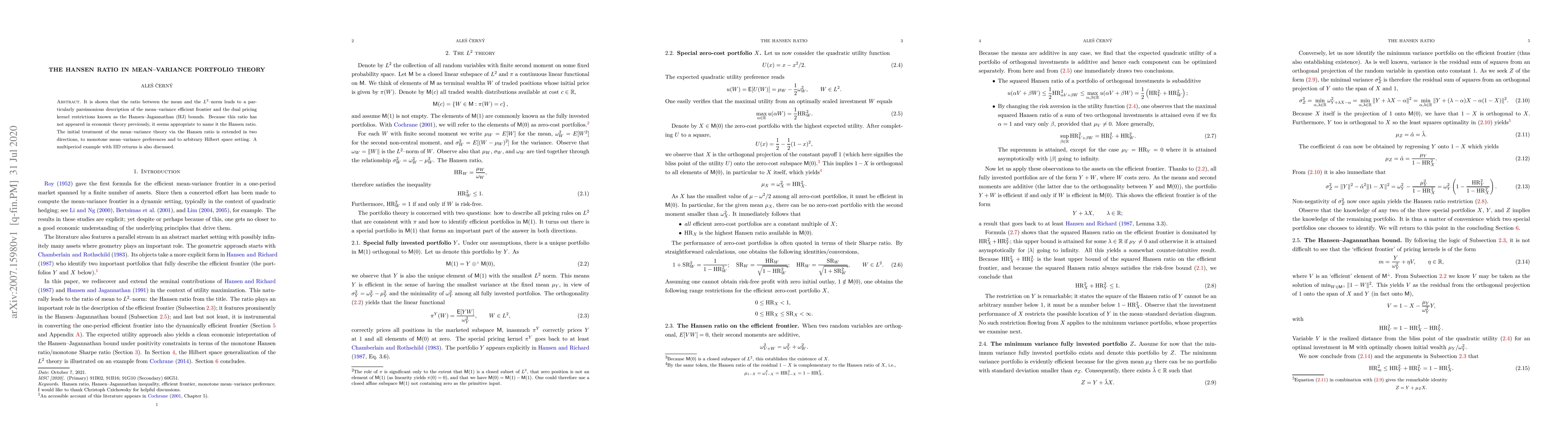 Thumbnail for The Hansen ratio in mean--variance portfolio theory