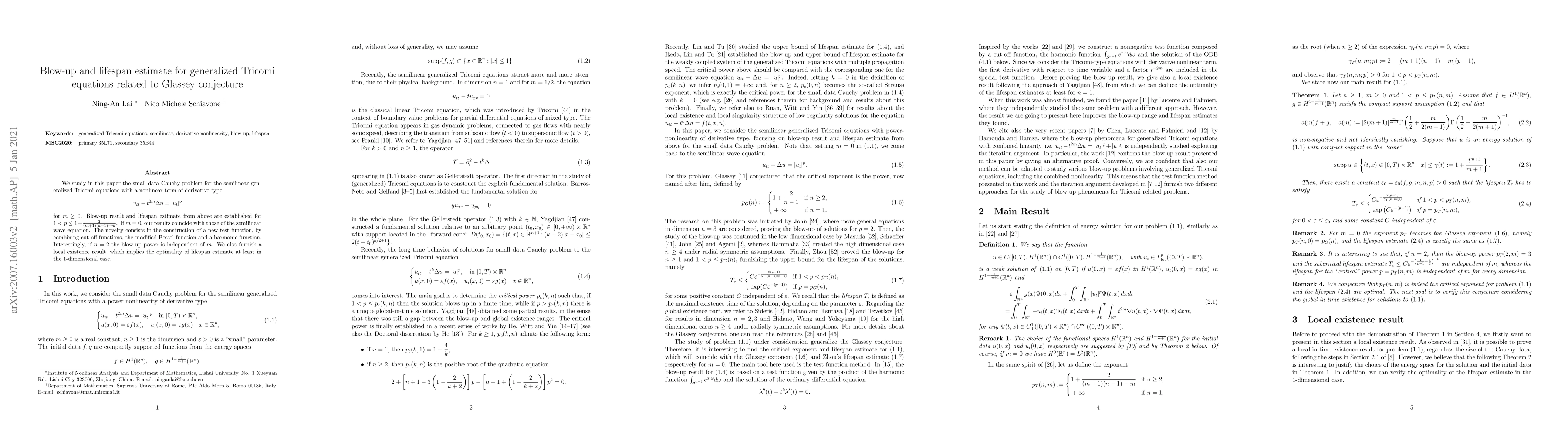 Thumbnail for Blow-up and lifespan estimate for generalized Tricomi equations related
  to Glassey conjecture