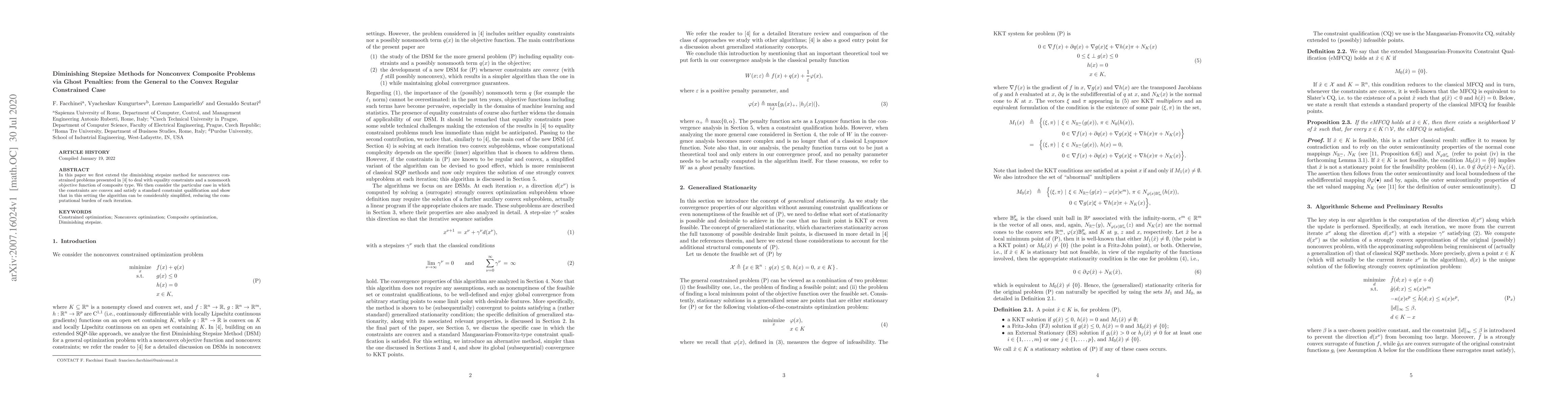 Thumbnail for Diminishing Stepsize Methods for Nonconvex Composite Problems via Ghost
  Penalties: from the General to the Convex Regular Constrained Case