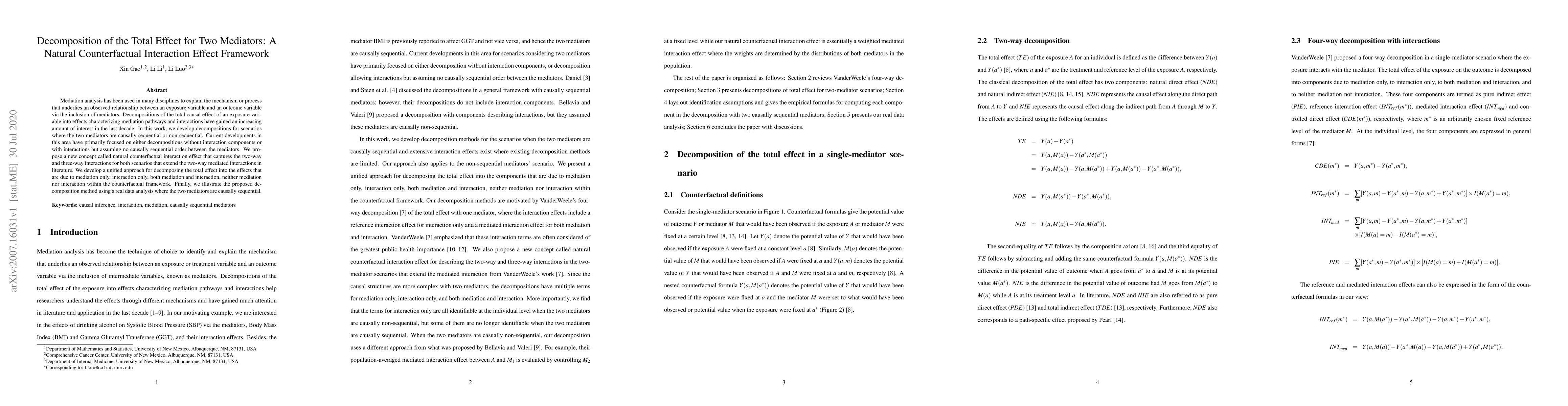 Thumbnail for Decomposition of the Total Effect for Two Mediators: A Natural
  Counterfactual Interaction Effect Framework