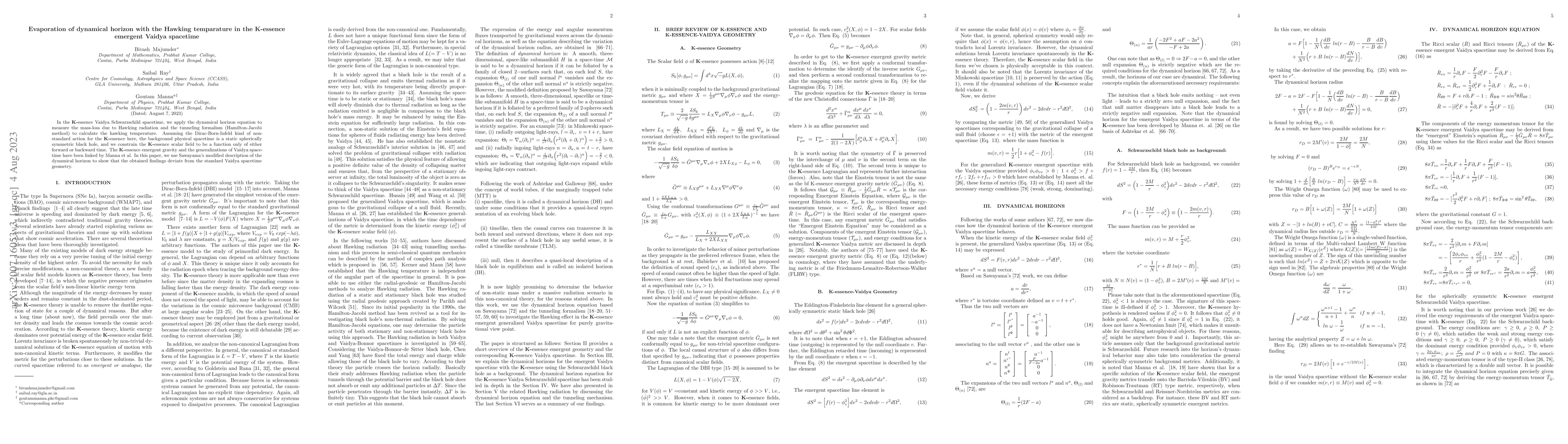 Thumbnail for Evaporation of dynamical horizon with the Hawking temparature in the
  {\bf K-}essence emergent Vaidya spacetime