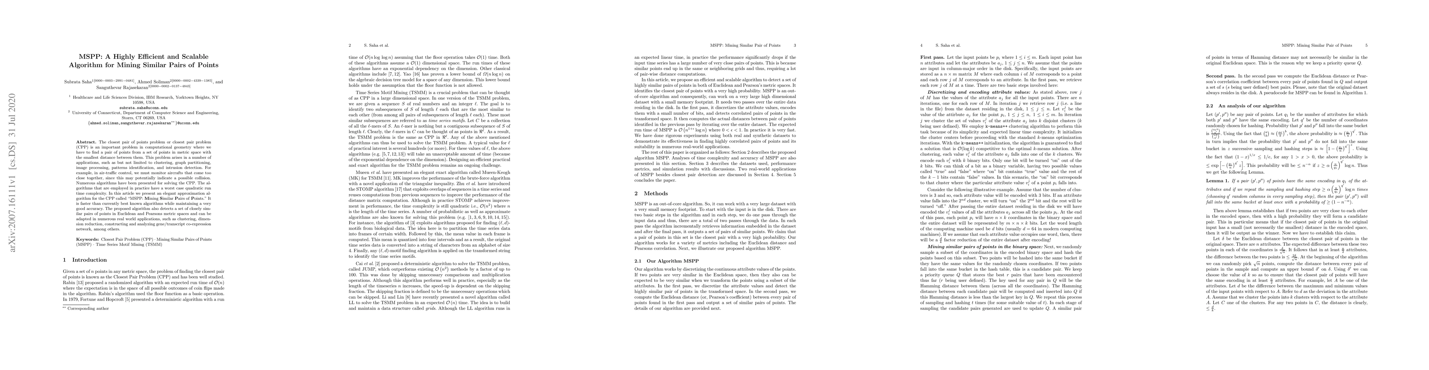 Thumbnail for MSPP: A Highly Efficient and Scalable Algorithm for Mining Similar Pairs
  of Points