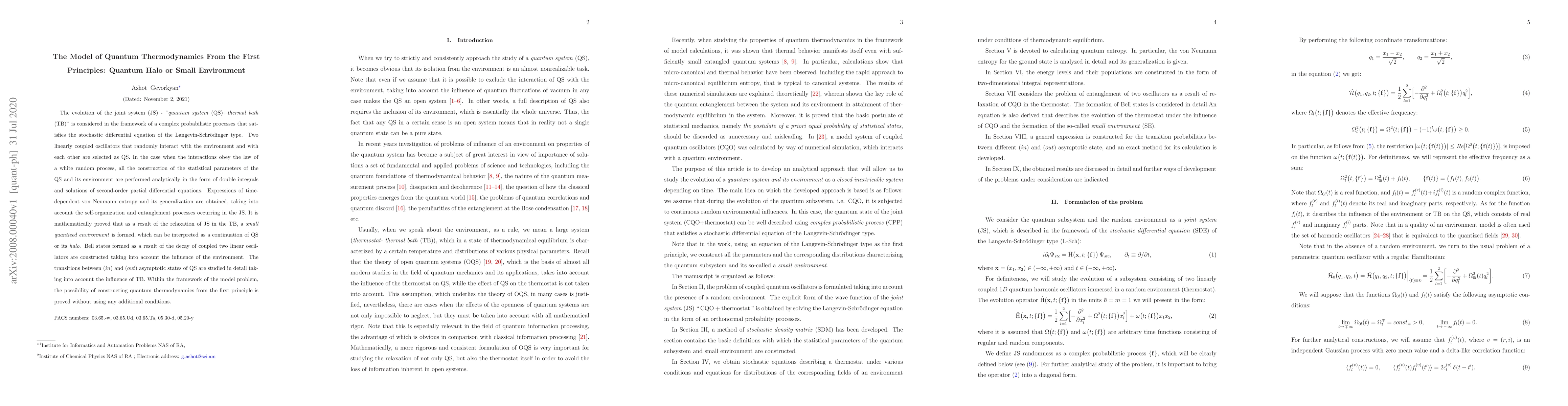 Thumbnail for The Model of Quantum Thermodynamics From the First Principles: Quantum
  Halo or Small Environment
