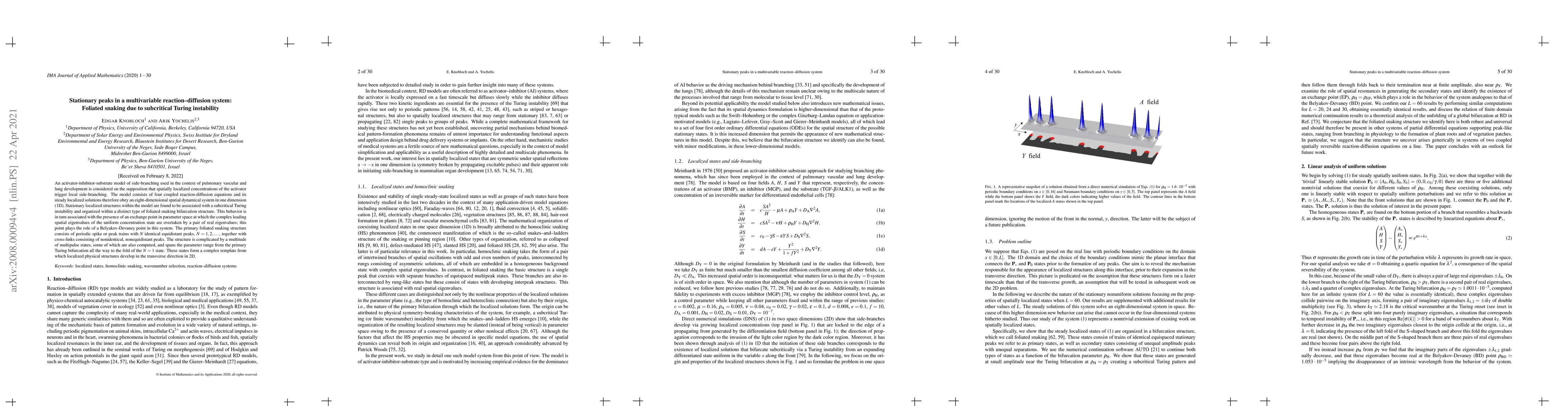 Thumbnail for Stationary peaks in a multivariable reaction--diffusion system: Foliated
  snaking due to subcritical Turing instability