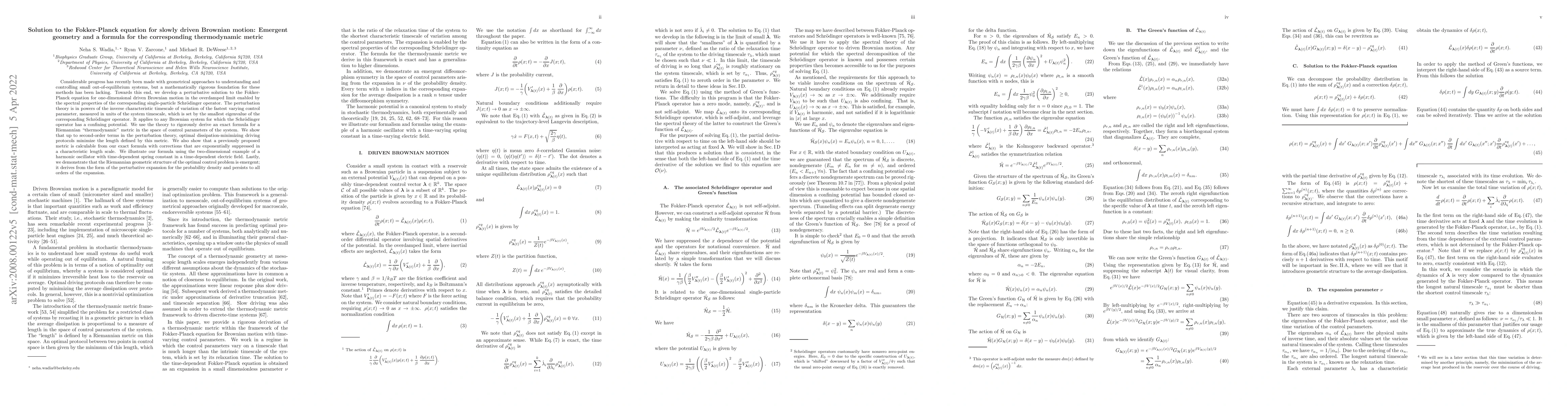 Thumbnail for Solution to the Fokker-Planck equation for slowly driven Brownian
  motion: Emergent geometry and a formula for the corresponding thermodynamic
  metric
