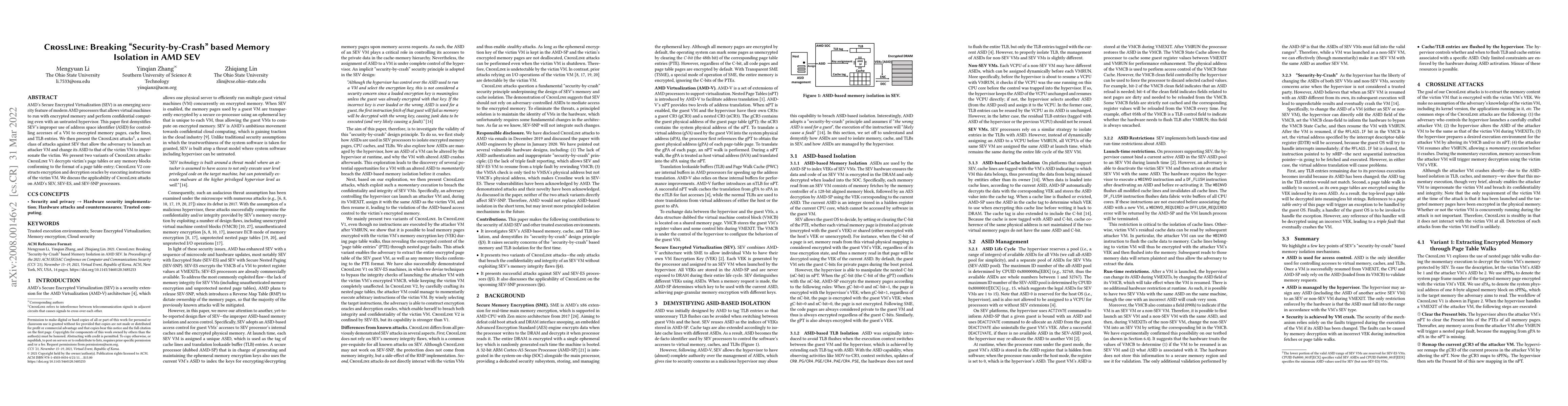 Thumbnail for CROSSLINE: Breaking "Security-by-Crash" based Memory Isolation in AMD
  SEV