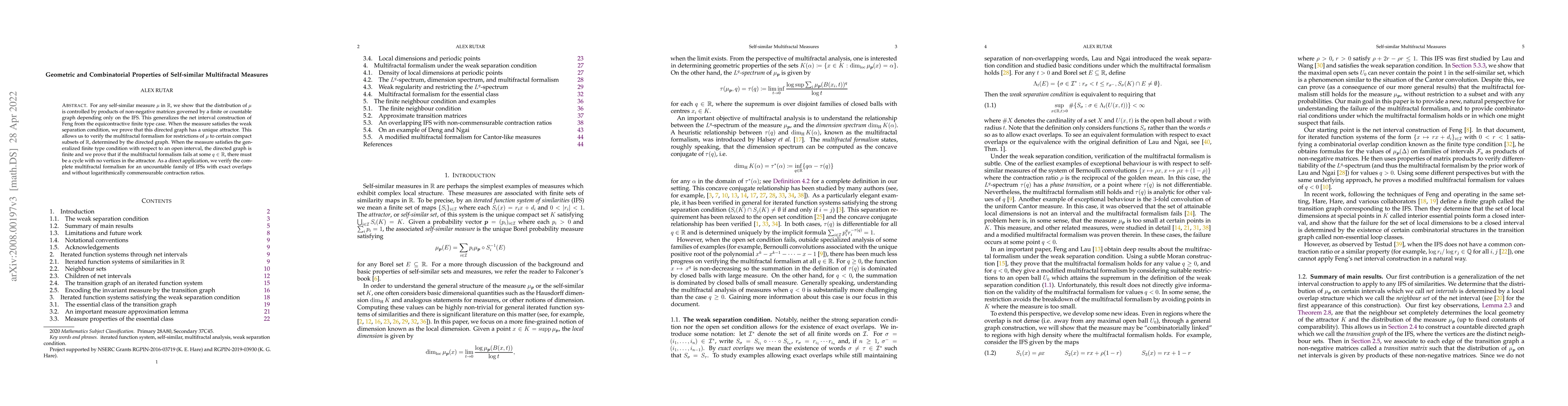 Thumbnail for Geometric and Combinatorial Properties of Self-similar Multifractal
  Measures