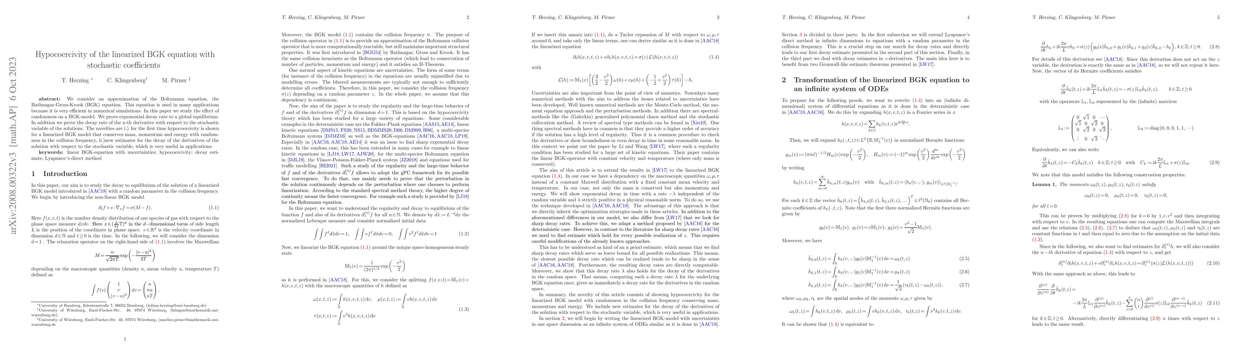 Thumbnail for Hypocoercivity of the linearized BGK-equation with stochastic
  coefficients