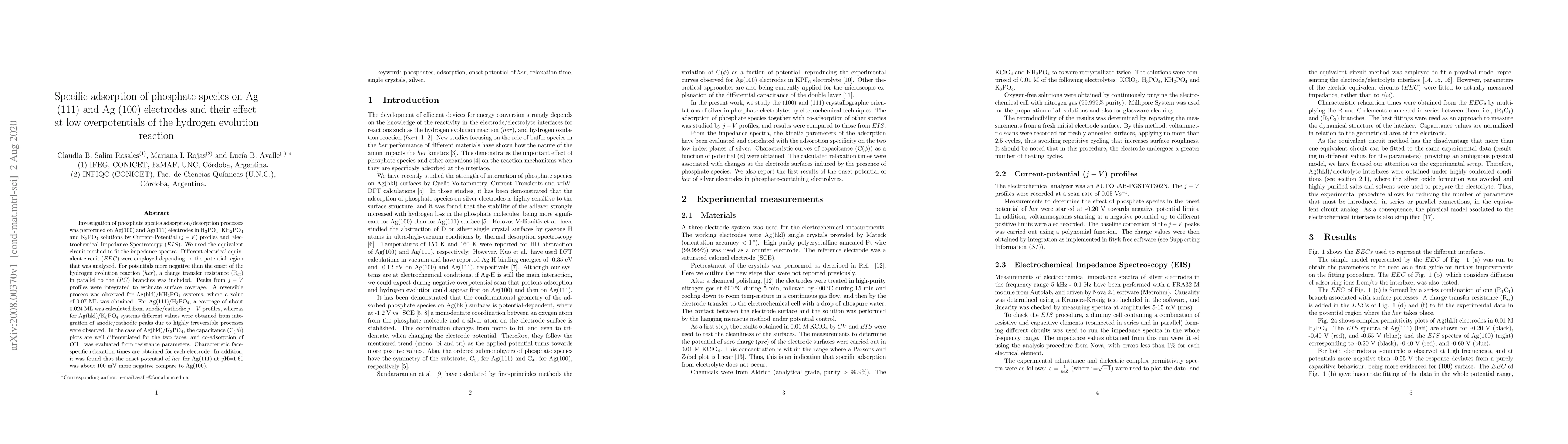Thumbnail for Specific adsorption of phosphate species on Ag (111) and Ag (100)
  electrodes and their effect at low overpotentials of the hydrogen evolution
  reaction