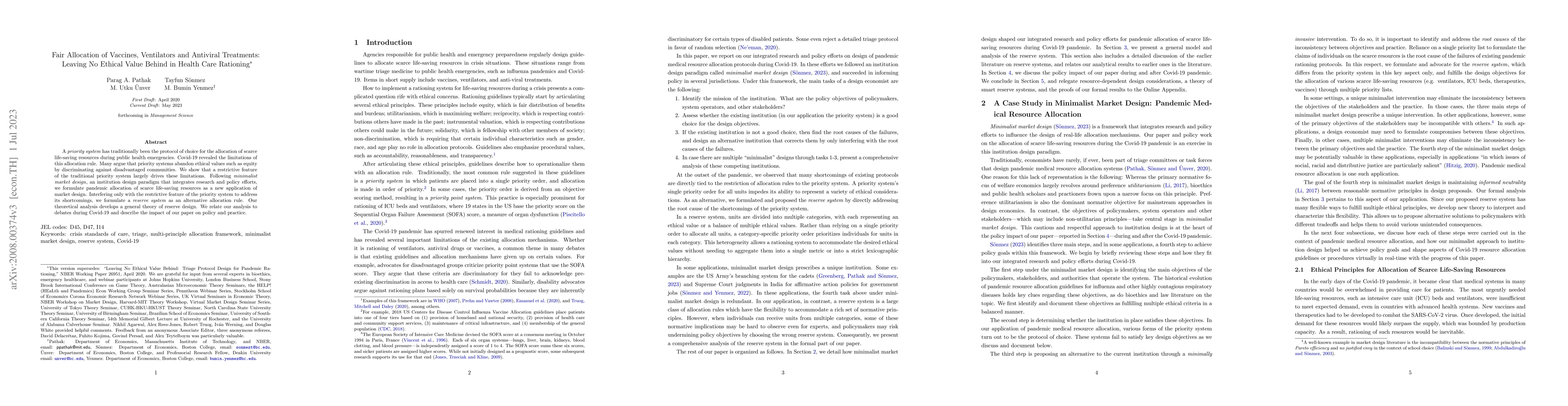 Thumbnail for Fair Allocation of Vaccines, Ventilators and Antiviral Treatments:
  Leaving No Ethical Value Behind in Health Care Rationing