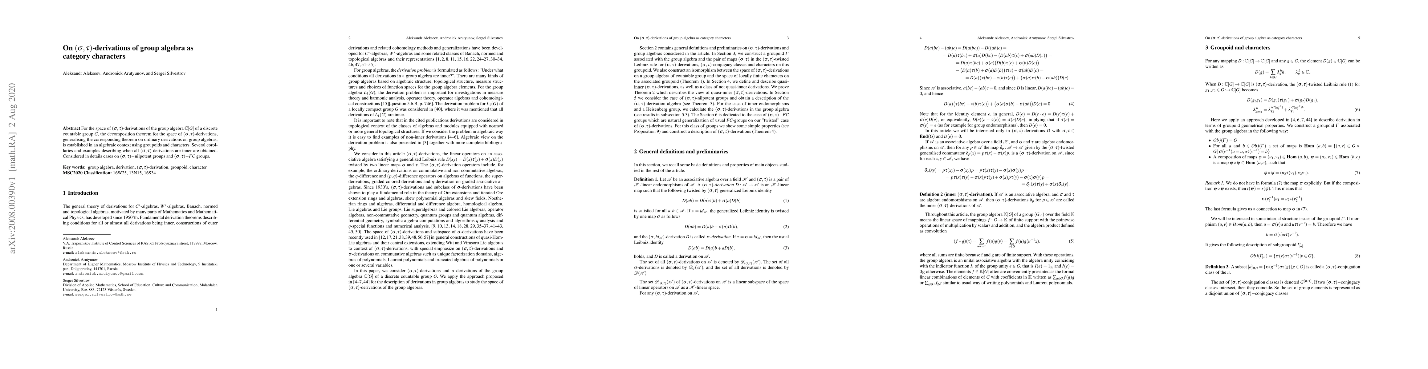 Thumbnail for On $(\sigma,\tau)$-derivations of group algebra as category characters