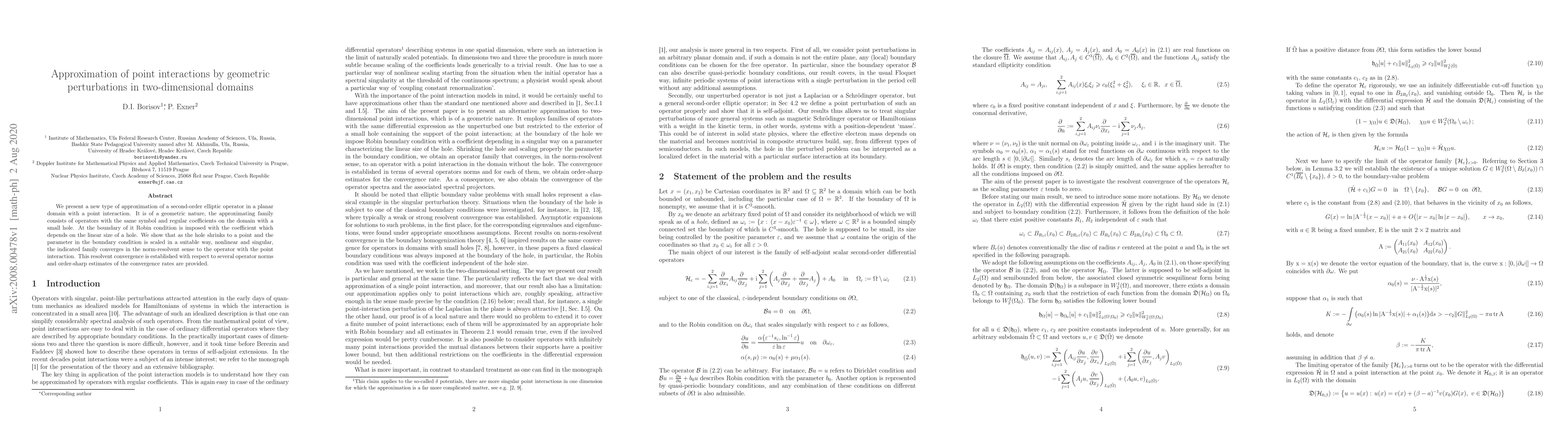 Thumbnail for Approximation of point interactions by geometric perturbations in
  two-dimensional domains