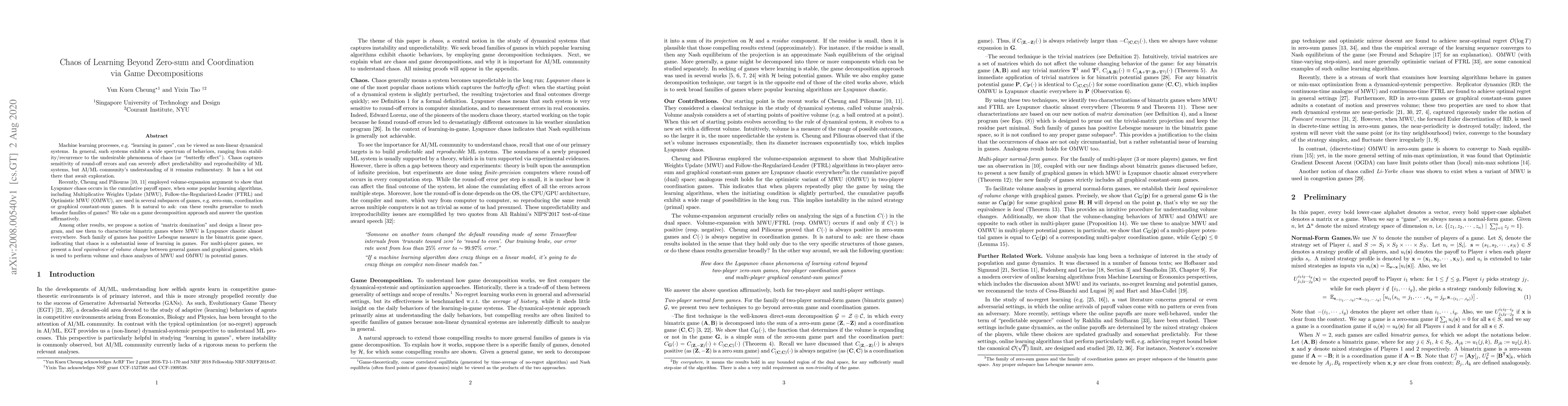 Thumbnail for Chaos of Learning Beyond Zero-sum and Coordination via Game
  Decompositions