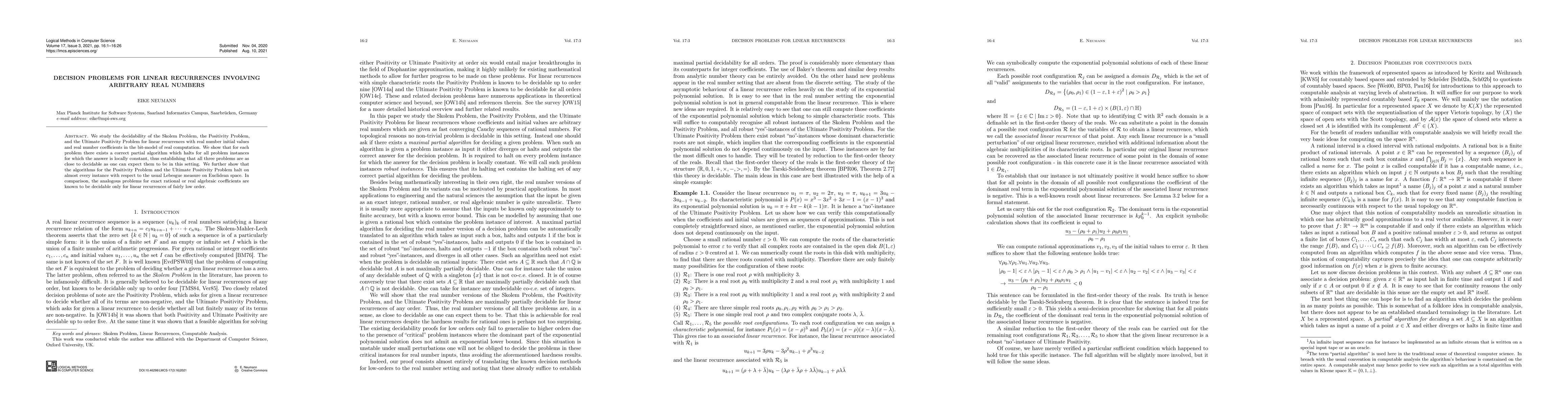 Thumbnail for Decision problems for linear recurrences involving arbitrary real
  numbers