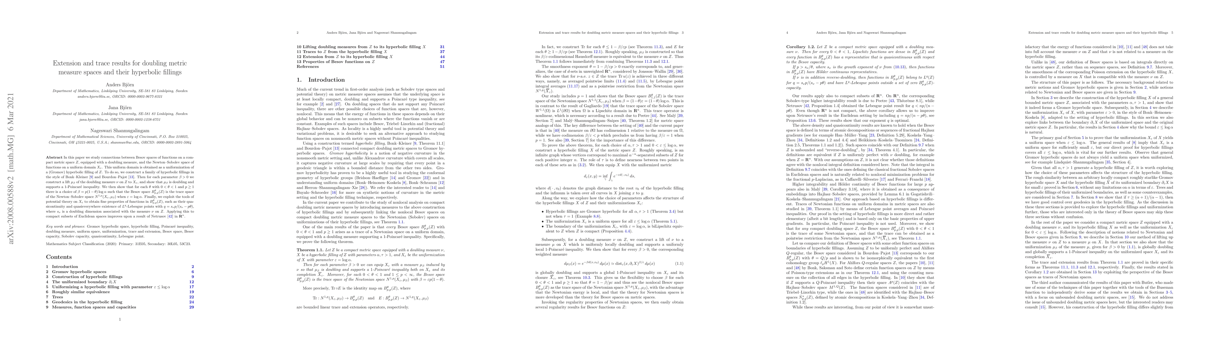 Thumbnail for Extension and trace results for doubling metric measure spaces and their
  hyperbolic fillings