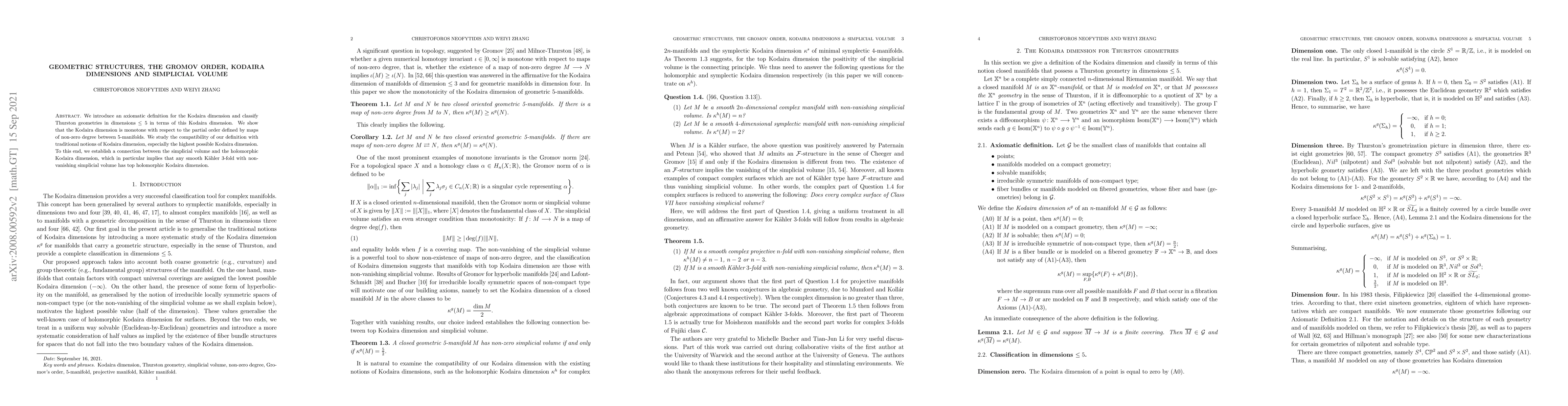 Thumbnail for Geometric structures, the Gromov order, Kodaira dimensions and
  simplicial volume