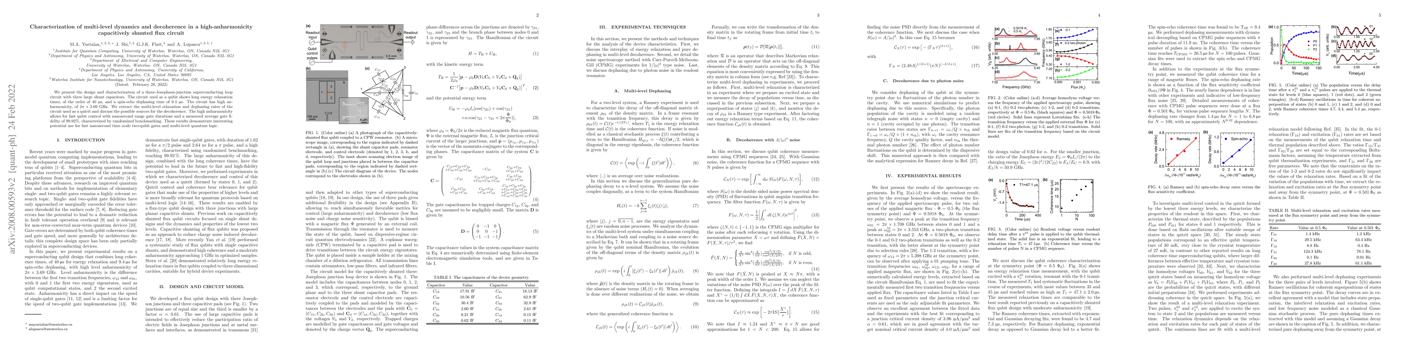 Thumbnail for Characterization of multi-level dynamics and decoherence in a
  high-anharmonicity capacitively shunted flux circuit