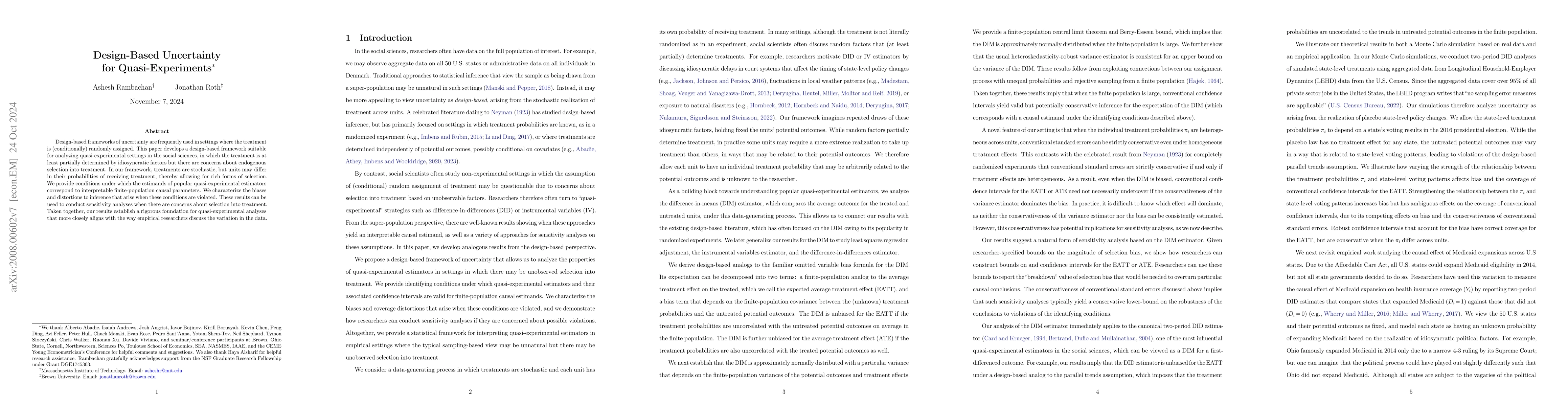 Thumbnail for Design-Based Uncertainty for Quasi-Experiments