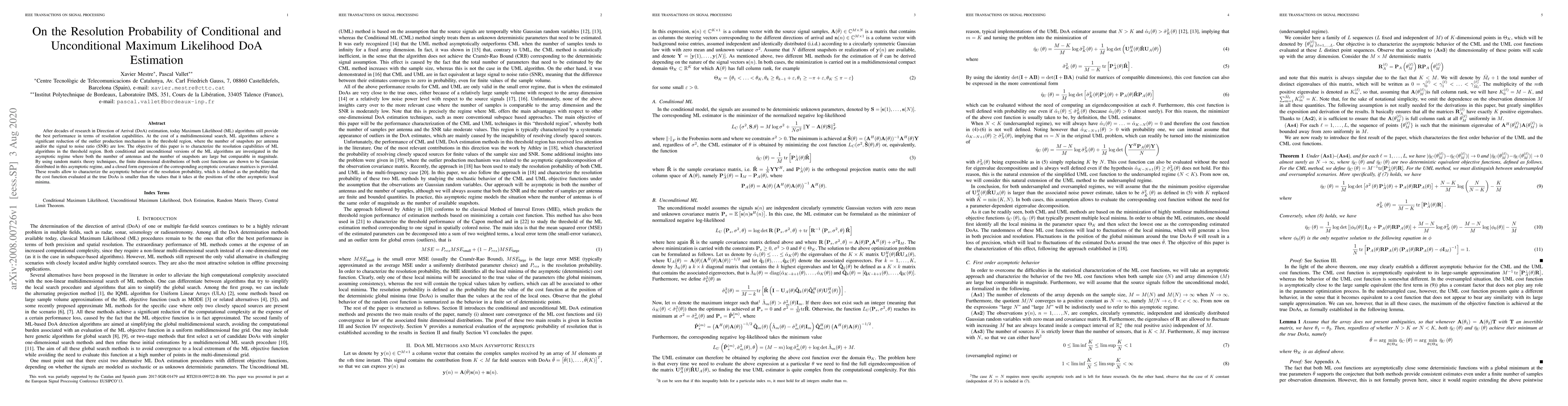 Thumbnail for On the Resolution Probability of Conditional and Unconditional Maximum
  Likelihood DoA Estimation