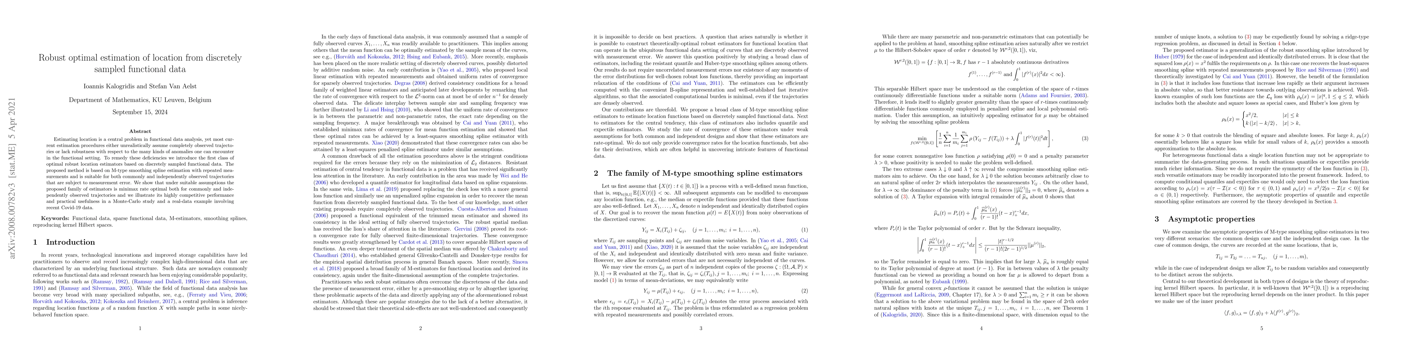 Thumbnail for Robust optimal estimation of location from discretely sampled functional
  data