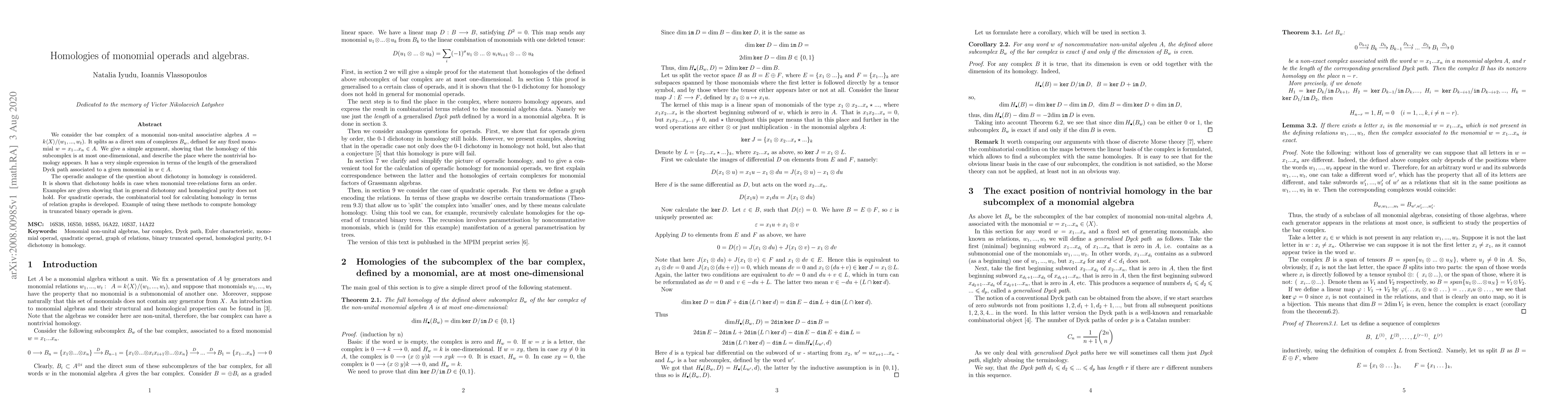 Thumbnail for Homologies of monomial operads and algebras