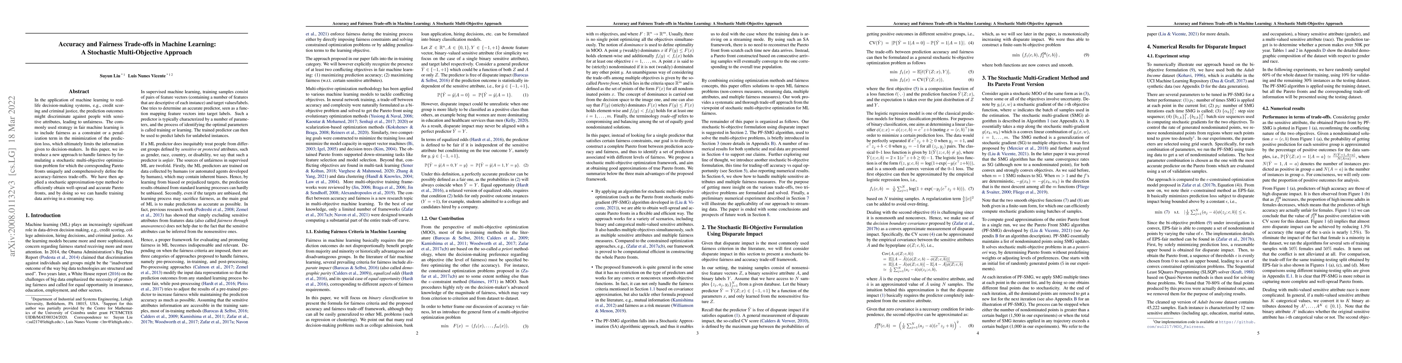 Thumbnail for Accuracy and Fairness Trade-offs in Machine Learning: A Stochastic
  Multi-Objective Approach