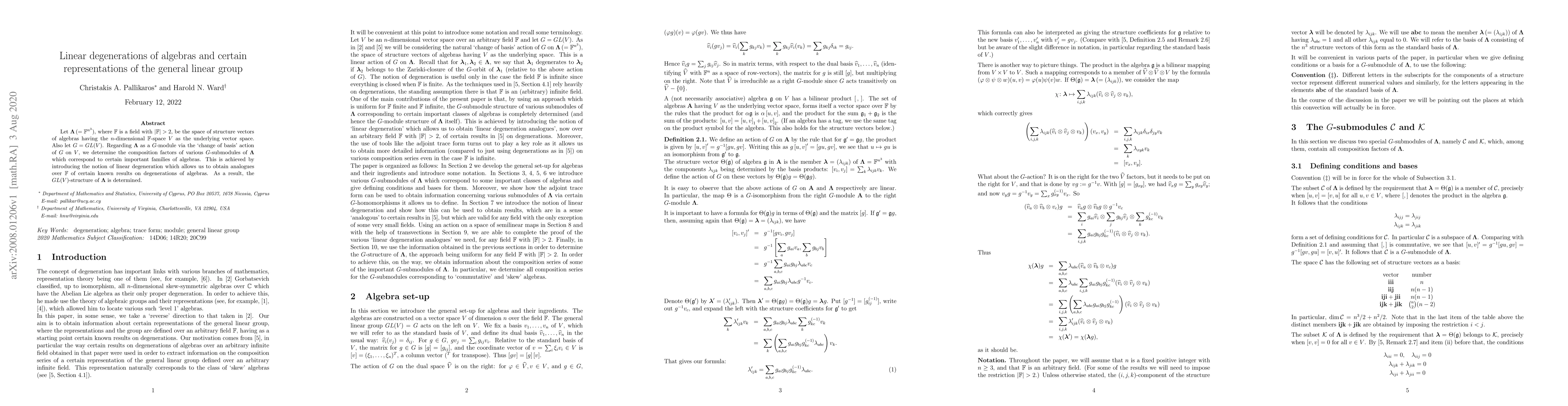 Thumbnail for Linear degenerations of algebras and certain representations of the
  general linear group