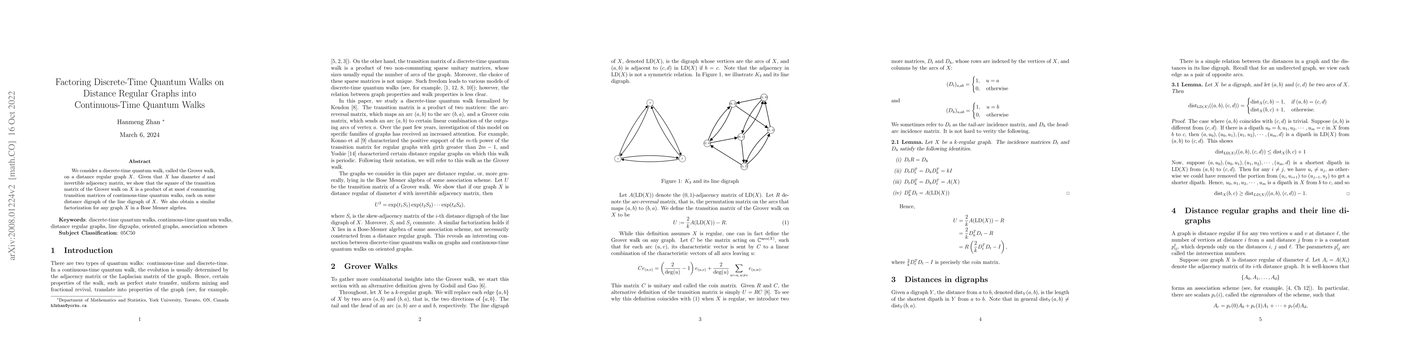 Thumbnail for Factoring Discrete Quantum Walks on Distance Regular Graphs into
  Continuous Quantum Walks