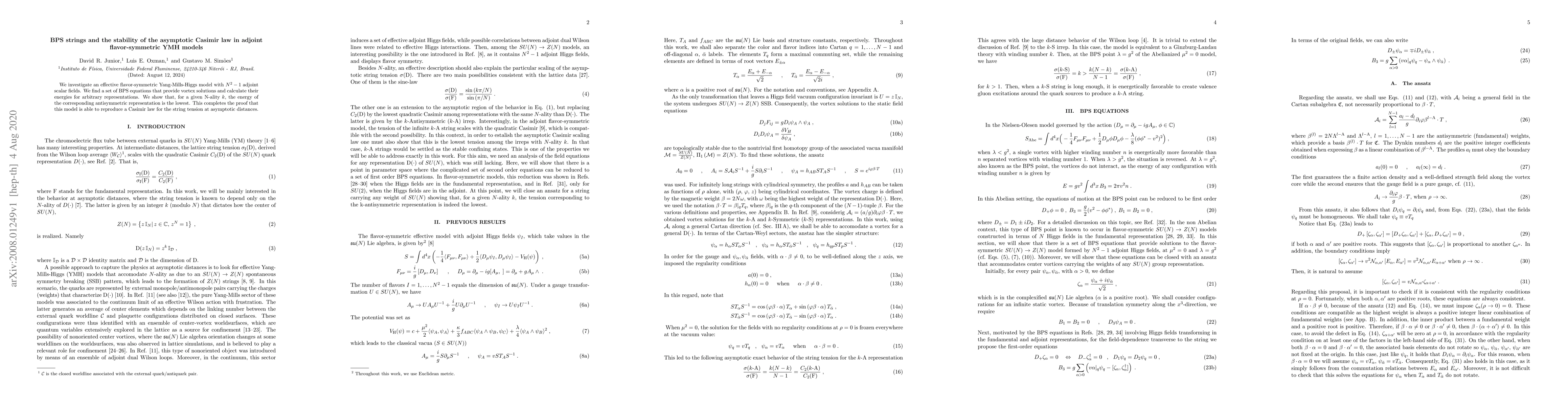 Thumbnail for BPS strings and the stability of the asymptotic Casimir law in adjoint
  flavor-symmetric YMH models