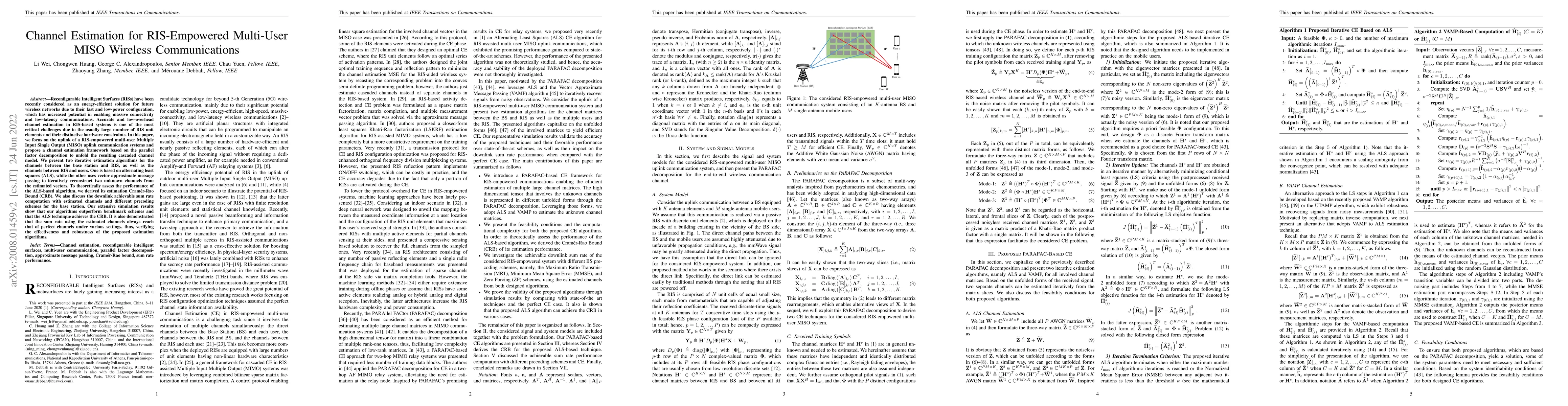 Thumbnail for Channel Estimation for RIS-Empowered Multi-User MISO Wireless
  Communications