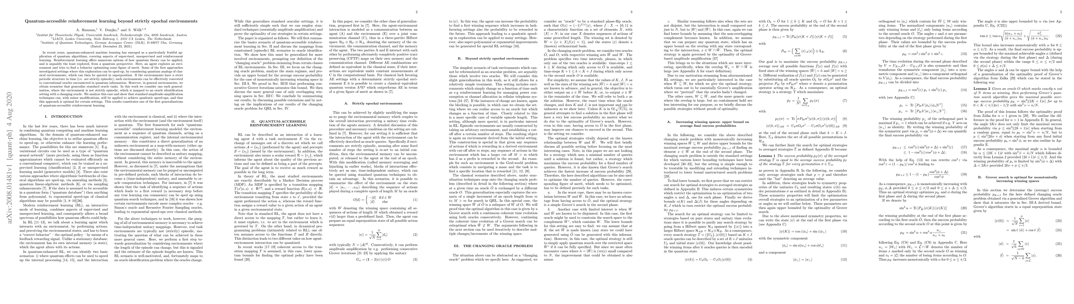 Thumbnail for Quantum-accessible reinforcement learning beyond strictly epochal
  environments