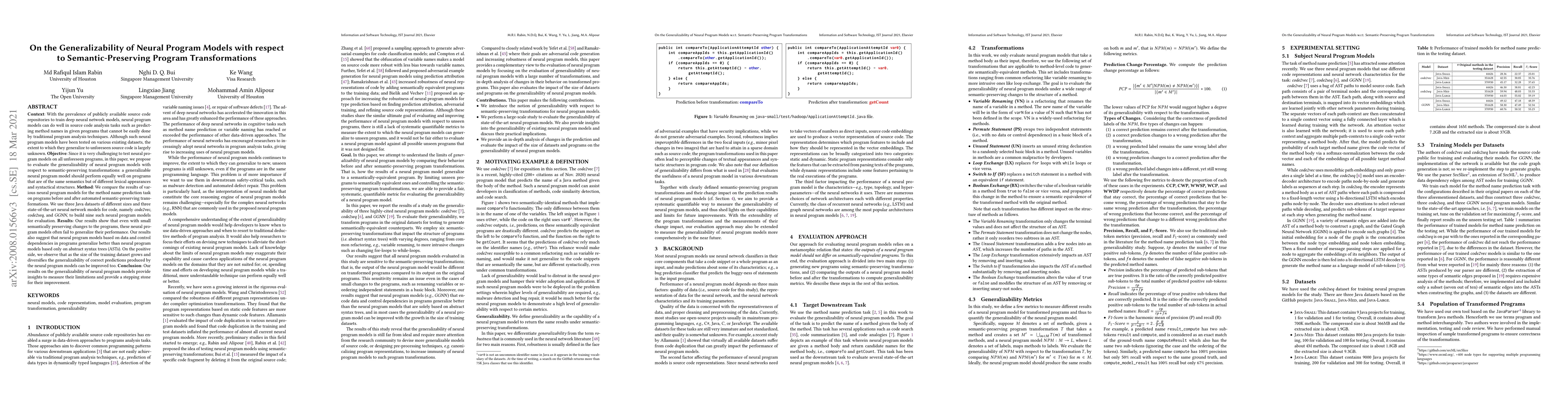 Thumbnail for On the Generalizability of Neural Program Models with respect to
  Semantic-Preserving Program Transformations