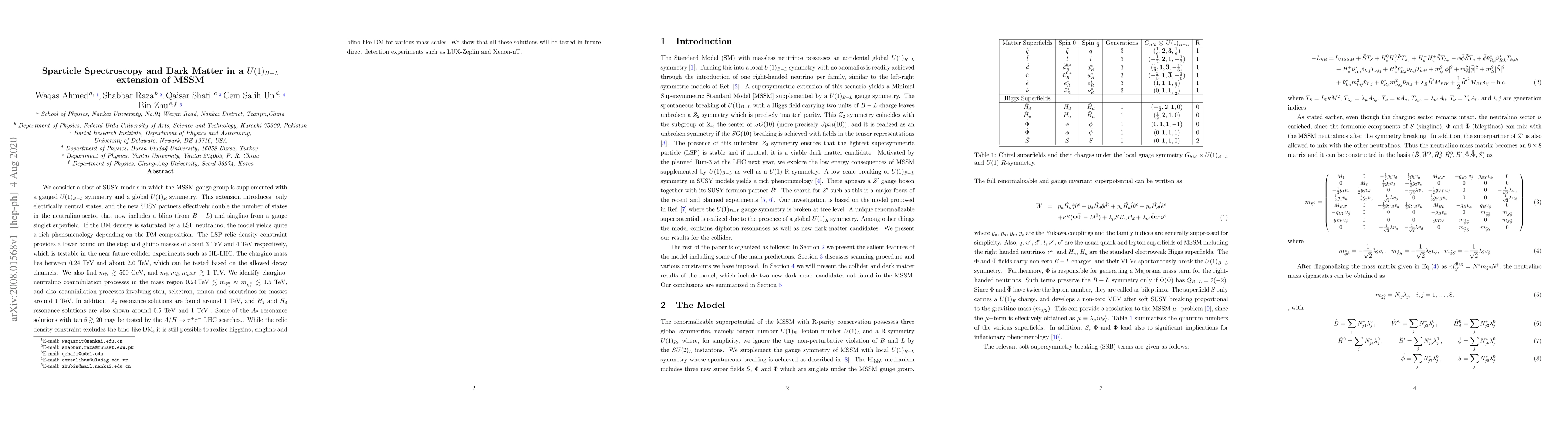 Thumbnail for Sparticle Spectroscopy and Dark Matter in a $U(1)_{B-L}$ extension of
  MSSM