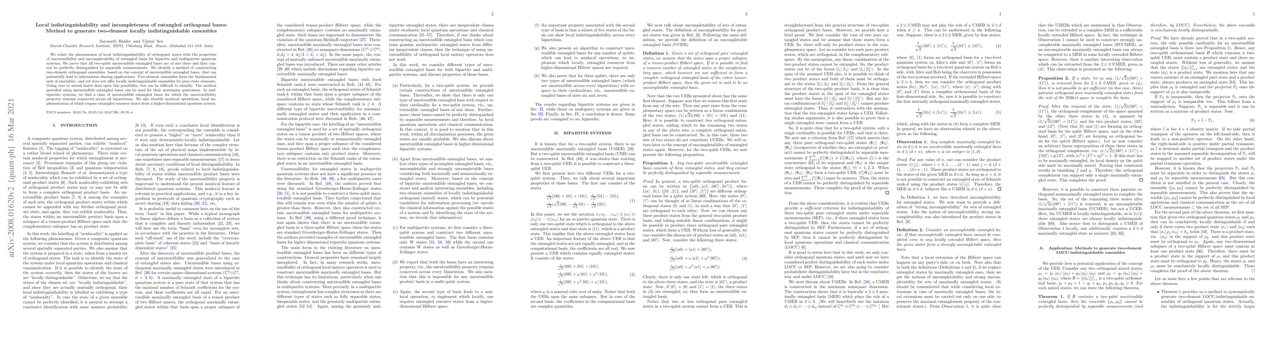 Thumbnail for Local indistinguishability and incompleteness of entangled orthogonal
  bases: Method to generate two-element locally indistinguishable ensembles