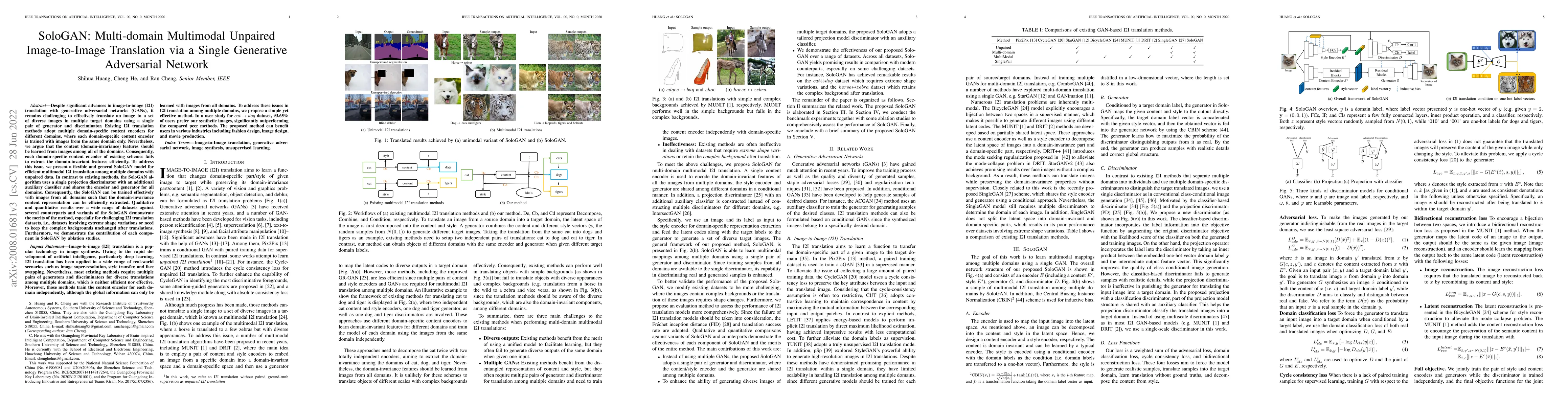 Thumbnail for SoloGAN: Multi-domain Multimodal Unpaired Image-to-Image Translation via
  a Single Generative Adversarial Network