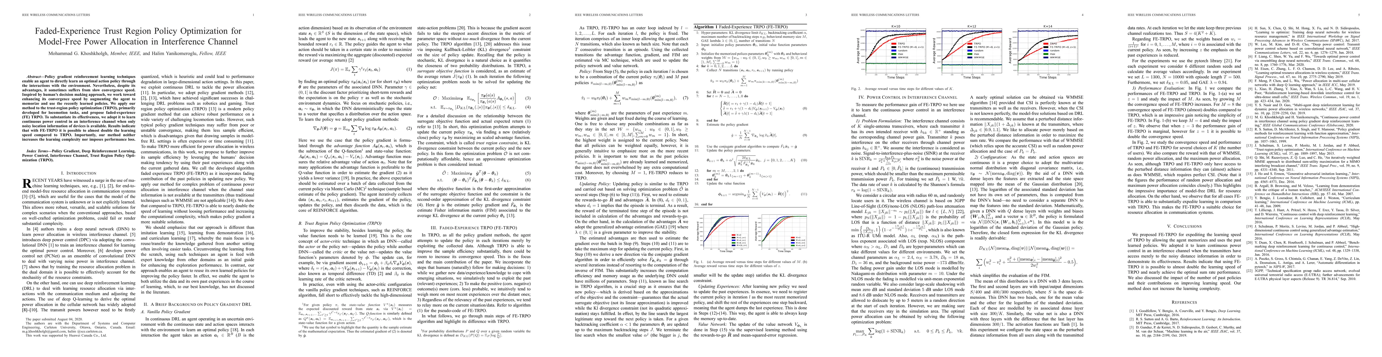 Thumbnail for Faded-Experience Trust Region Policy Optimization for Model-Free Power
  Allocation in Interference Channel