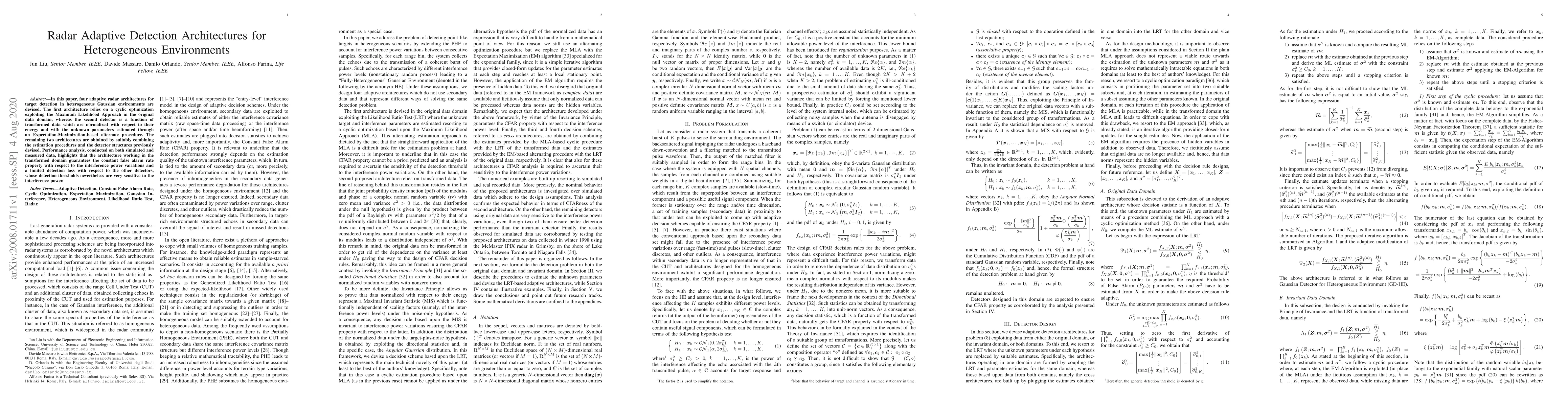 Thumbnail for Radar Adaptive Detection Architectures for Heterogeneous Environments