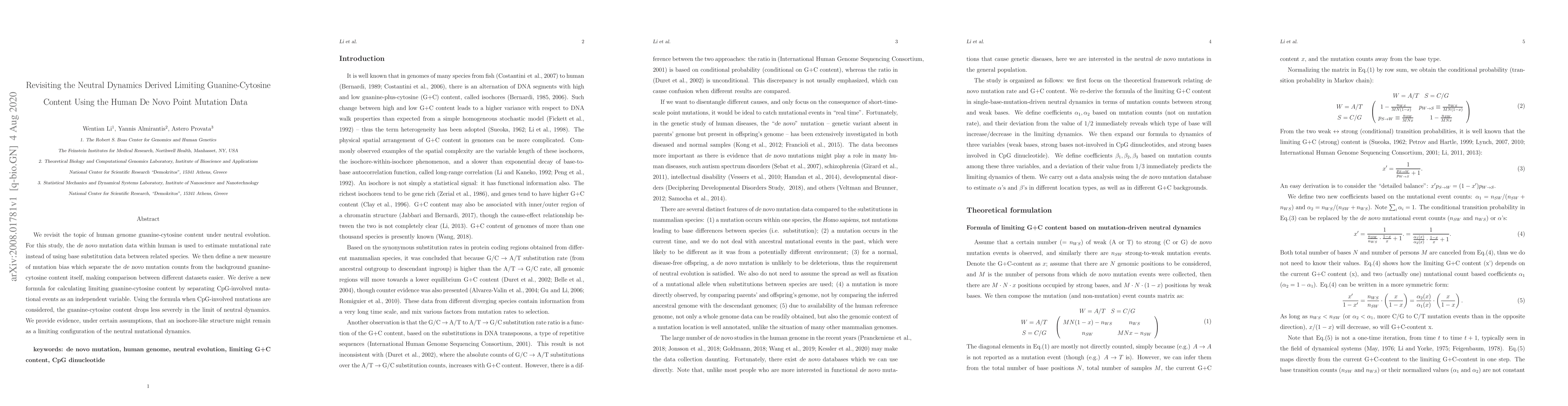Thumbnail for Revisiting the Neutral Dynamics Derived Limiting Guanine-Cytosine
  Content Using the Human De Novo Point Mutation Data