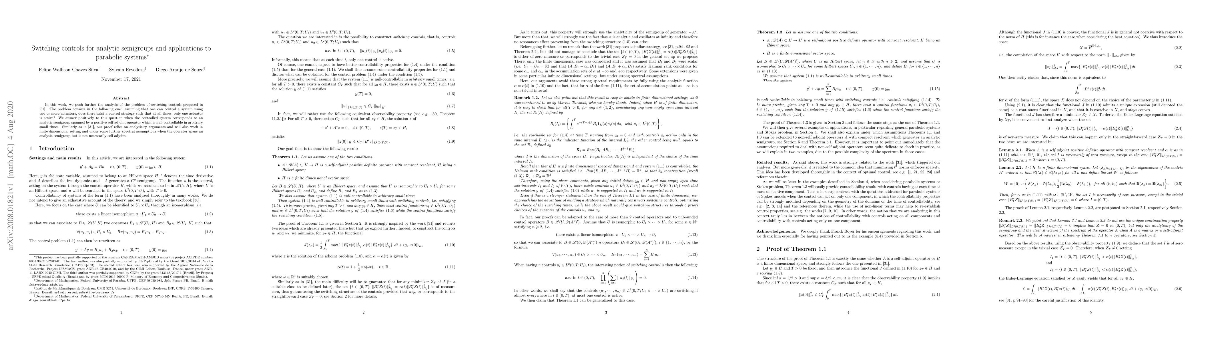 Thumbnail for Switching Controls for Analytic Semigroups and Applications to Parabolic
  Systems