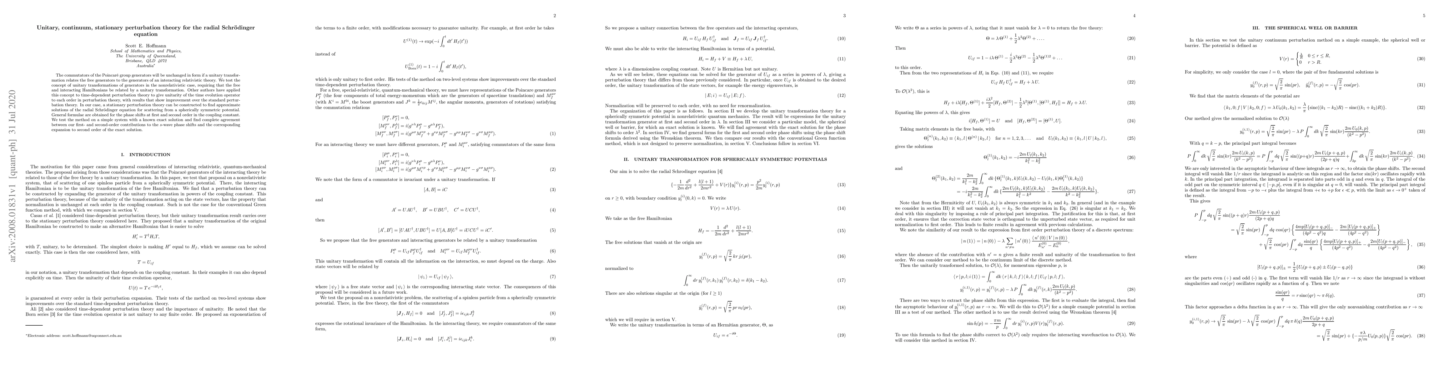 Thumbnail for Unitary, continuum, stationary perturbation theory for the radial
  Schr\"odinger equation