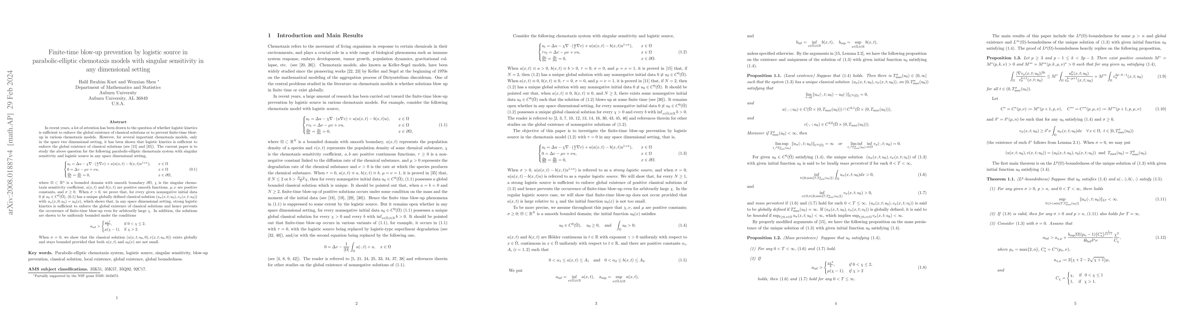 Thumbnail for Finite-time blow-up prevention by logistic source in parabolic-elliptic
  chemotaxis models with singular sensitivity in any dimensional setting