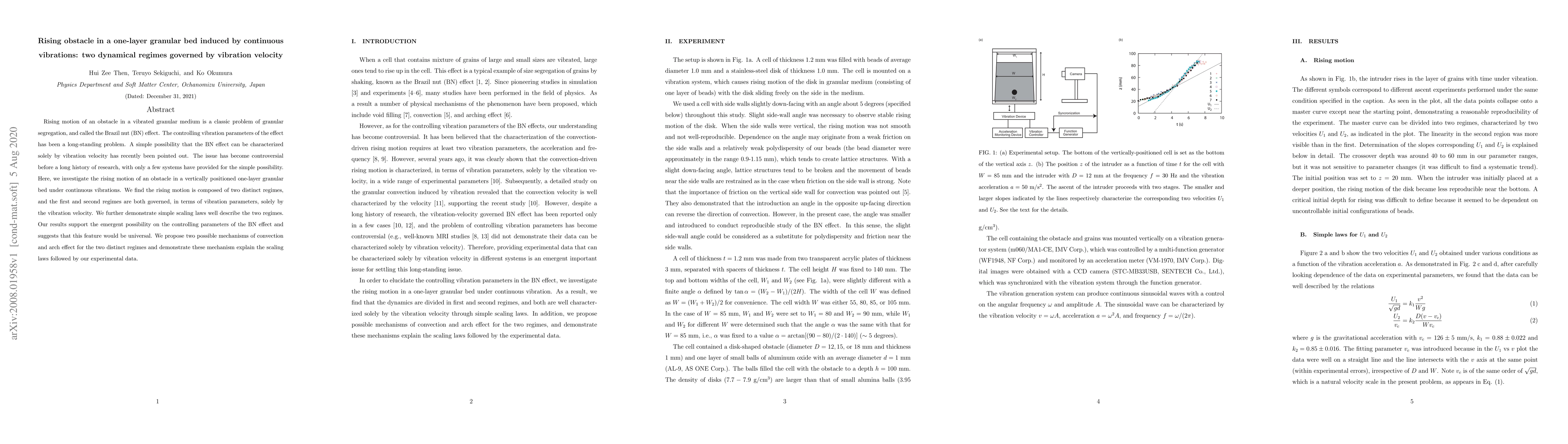 Thumbnail for Rising obstacle in a one-layer granular bed induced by continuous
  vibrations: two dynamical regimes governed by vibration velocity