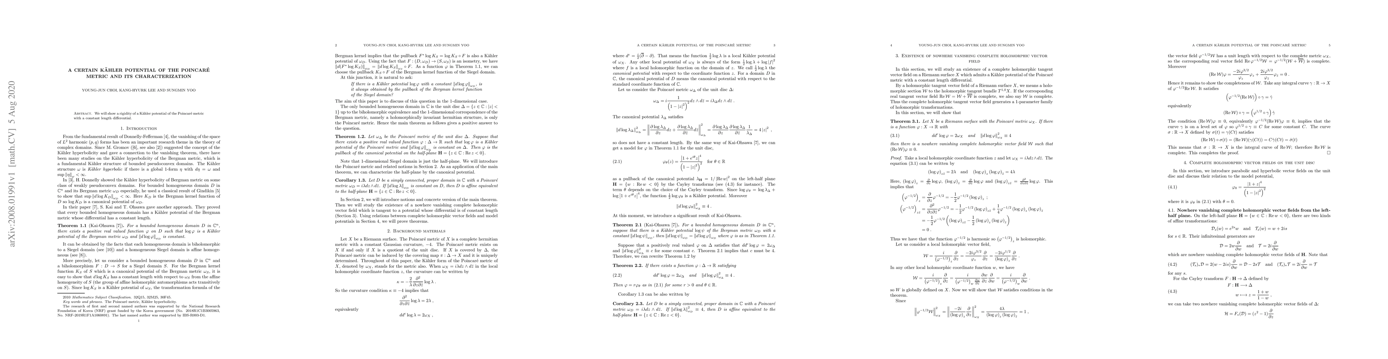 Thumbnail for A certain K\"ahler potential of the Poincar\'e metric and its
  characterization