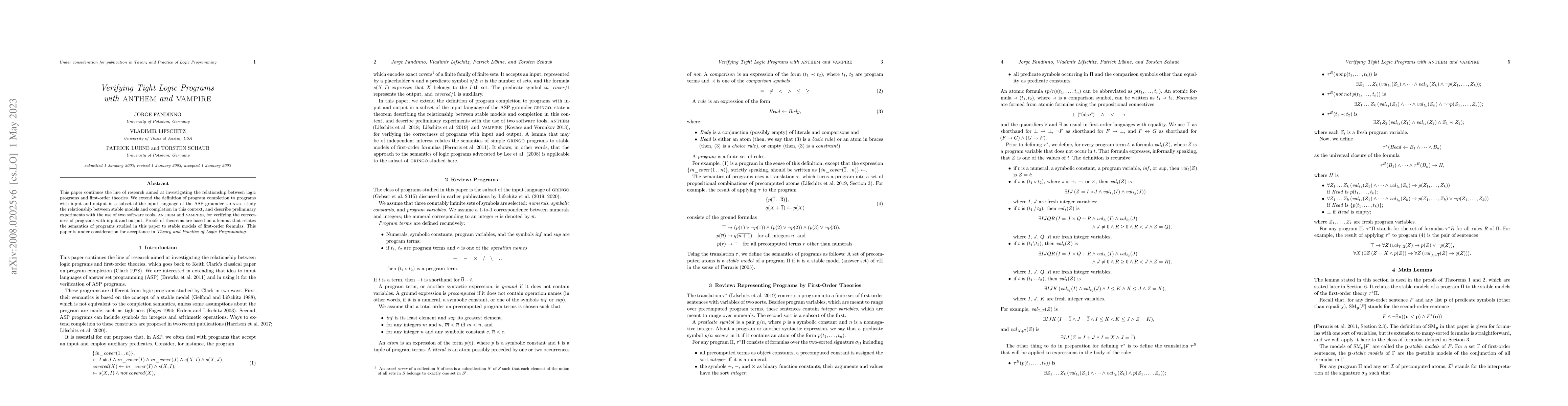 Thumbnail for Verifying Tight Logic Programs with anthem and Vampire