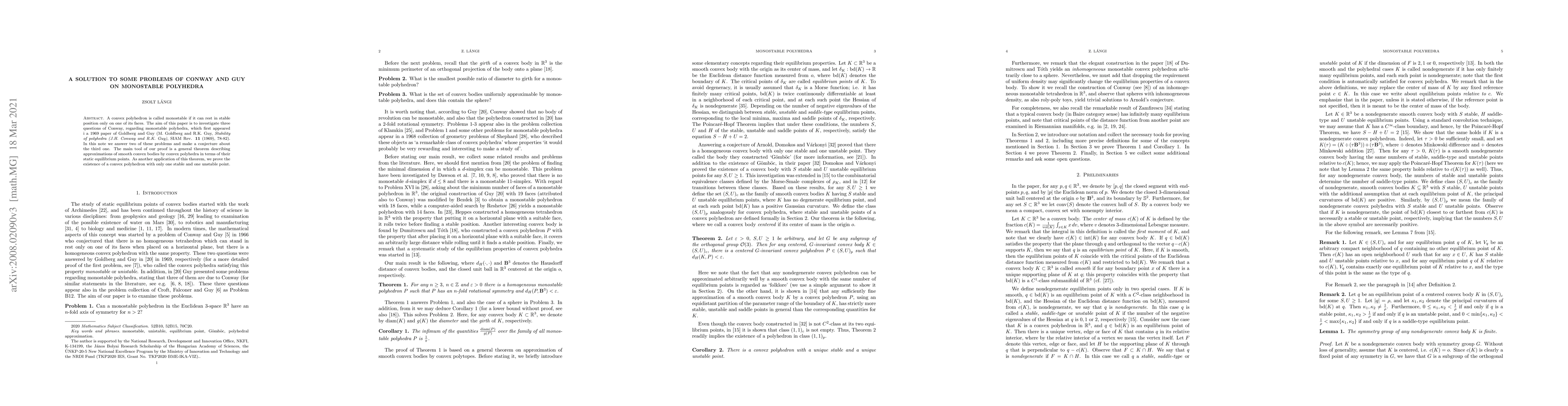 Thumbnail for A solution to some problems of Conway and Guy on monostable polyhedra